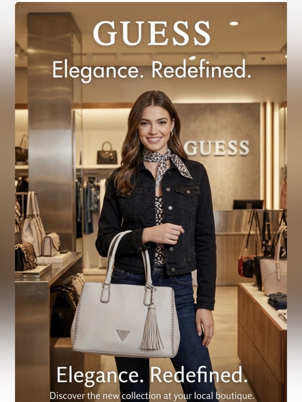 GUESS Cream Tote Bag with Tassel Accent